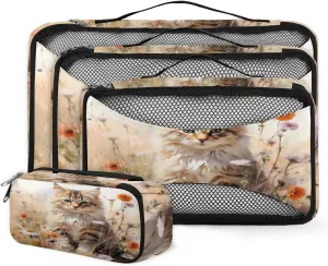 4 Set Packing Cubes for Suitcases, Travel Essentials for Carry on Luggage, Flowers Cat Suitcase Organizers for Clothes Shoes Toiletries Travel Accessories in 4 Sizes - Fantastic Cat