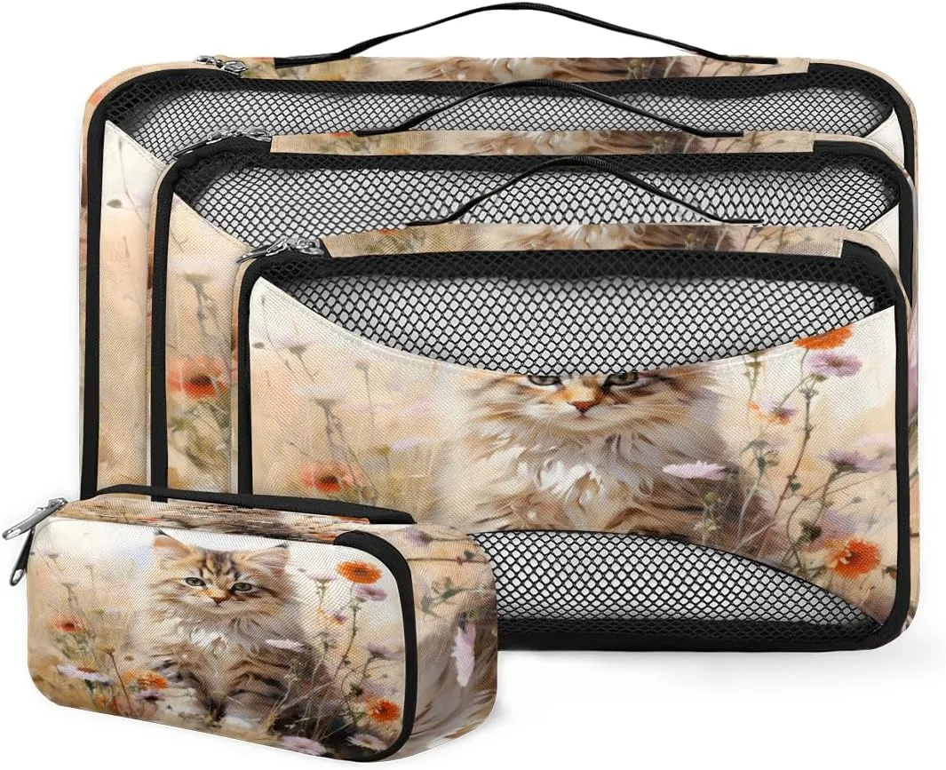 4 Set Packing Cubes for Suitcases, Travel Essentials for Carry on Luggage, Flowers Cat Suitcase Organizers for Clothes Shoes Toiletries Travel Accessories in 4 Sizes - Fantastic Cat