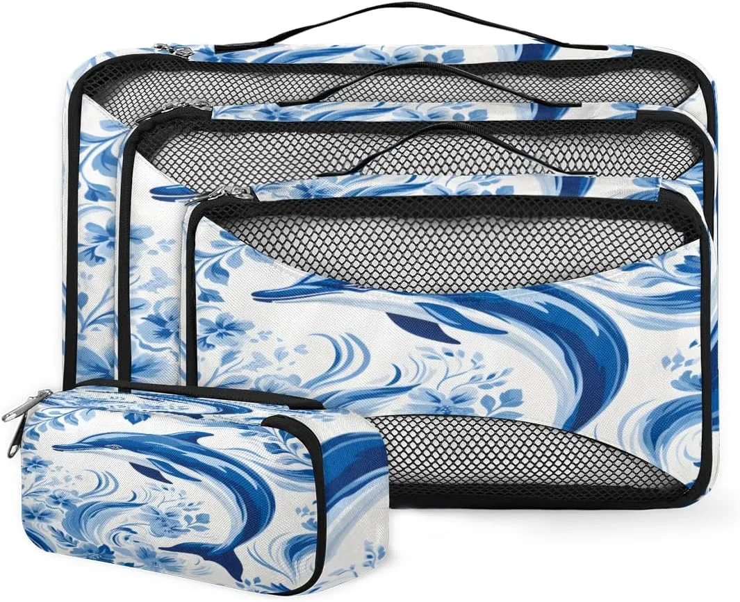 4 Set Packing Cubes for Suitcases, Travel Essentials for Carry on Luggage, Flowers Suitcase Organizers for Clothes Shoes Toiletries Travel Accessories in 4 Sizes - Blue Dolphin