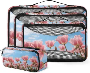 4 Set Packing Cubes for Suitcases, Travel Essentials for Carry on Luggage, Flowers Tulips Suitcase Organizers for Clothes Shoes Toiletries Travel Accessories in 4 Sizes - Watercolor Tulips