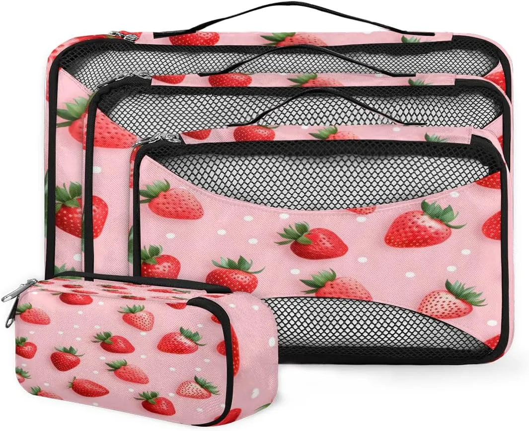 4 Set Packing Cubes for Suitcases, Travel Essentials for Carry on Luggage, Fruit Strawberry Suitcase Organizers for Clothes Shoes Toiletries Travel Accessories in 4 Sizes - Artistic Strawberry