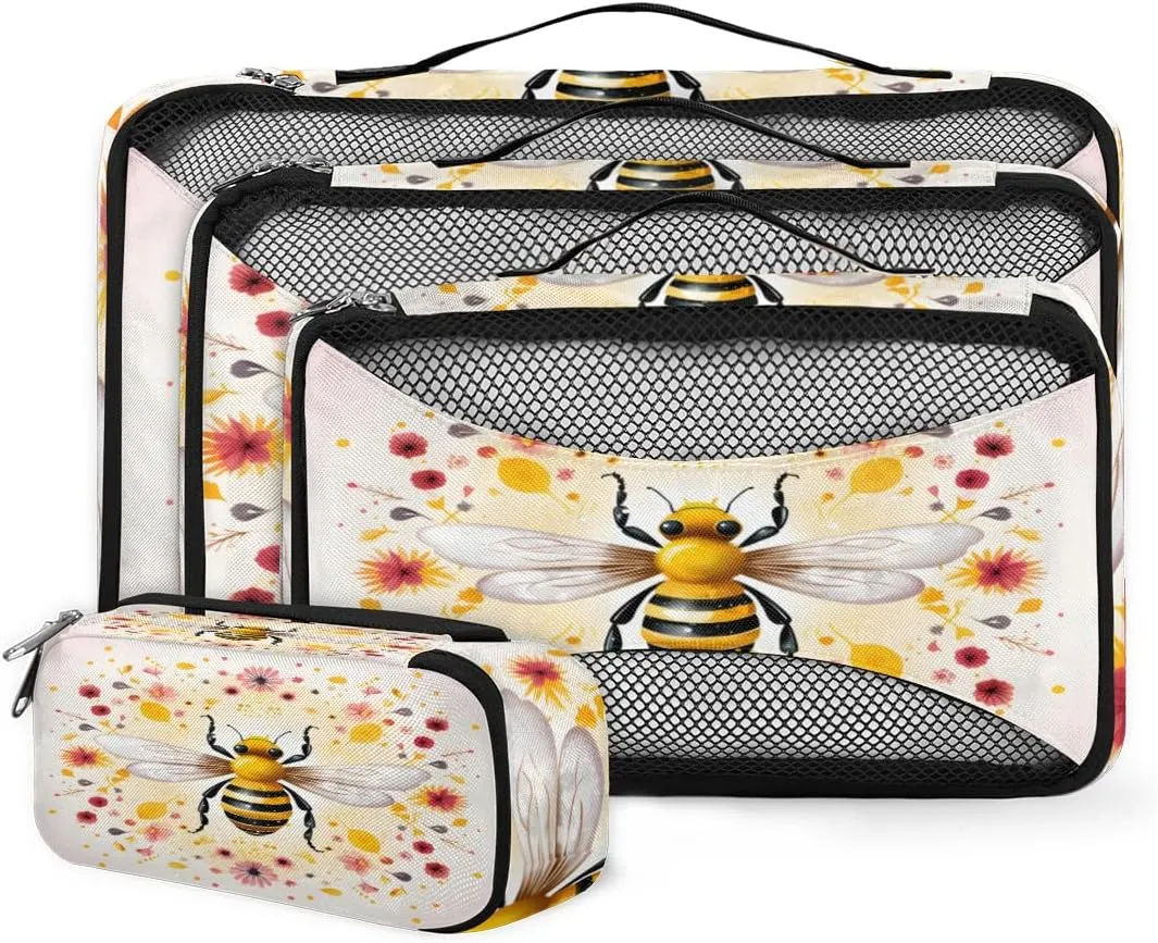 4 Set Packing Cubes for Suitcases, Travel Essentials for Carry on Luggage, Graffiti Bee Suitcase Organizers for Clothes Shoes Toiletries Travel Accessories in 4 Sizes - Flowers Bee