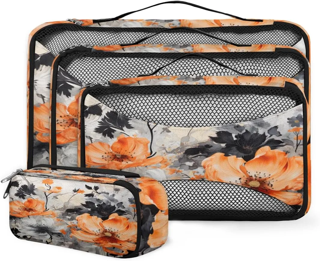 4 Set Packing Cubes for Suitcases, Travel Essentials for Carry on Luggage, Graffiti Flower Suitcase Organizers for Clothes Shoes Toiletries Travel Accessories in 4 Sizes - Beautiful Flower
