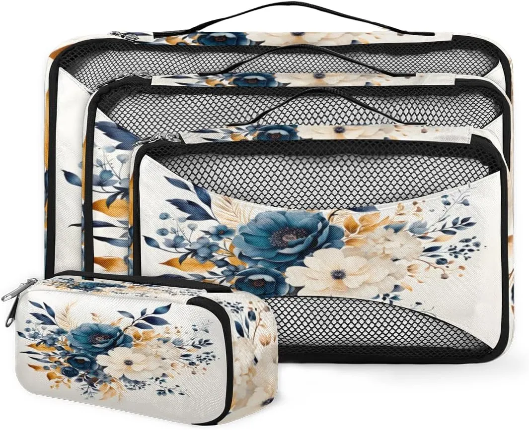 4 Set Packing Cubes for Suitcases, Travel Essentials for Carry on Luggage, Lively Flower Suitcase Organizers for Clothes Shoes Toiletries Travel Accessories in 4 Sizes - Retro Flower