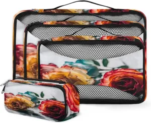 4 Set Packing Cubes for Suitcases, Travel Essentials for Carry on Luggage, Lively Flower Suitcase Organizers for Clothes Shoes Toiletries Travel Accessories in 4 Sizes - Rose Flower