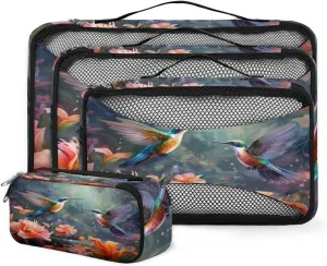 4 Set Packing Cubes for Suitcases, Travel Essentials for Carry on Luggage, Lovely Bird Suitcase Organizers for Clothes Shoes Toiletries Travel Accessories in 4 Sizes - Romantic Bird