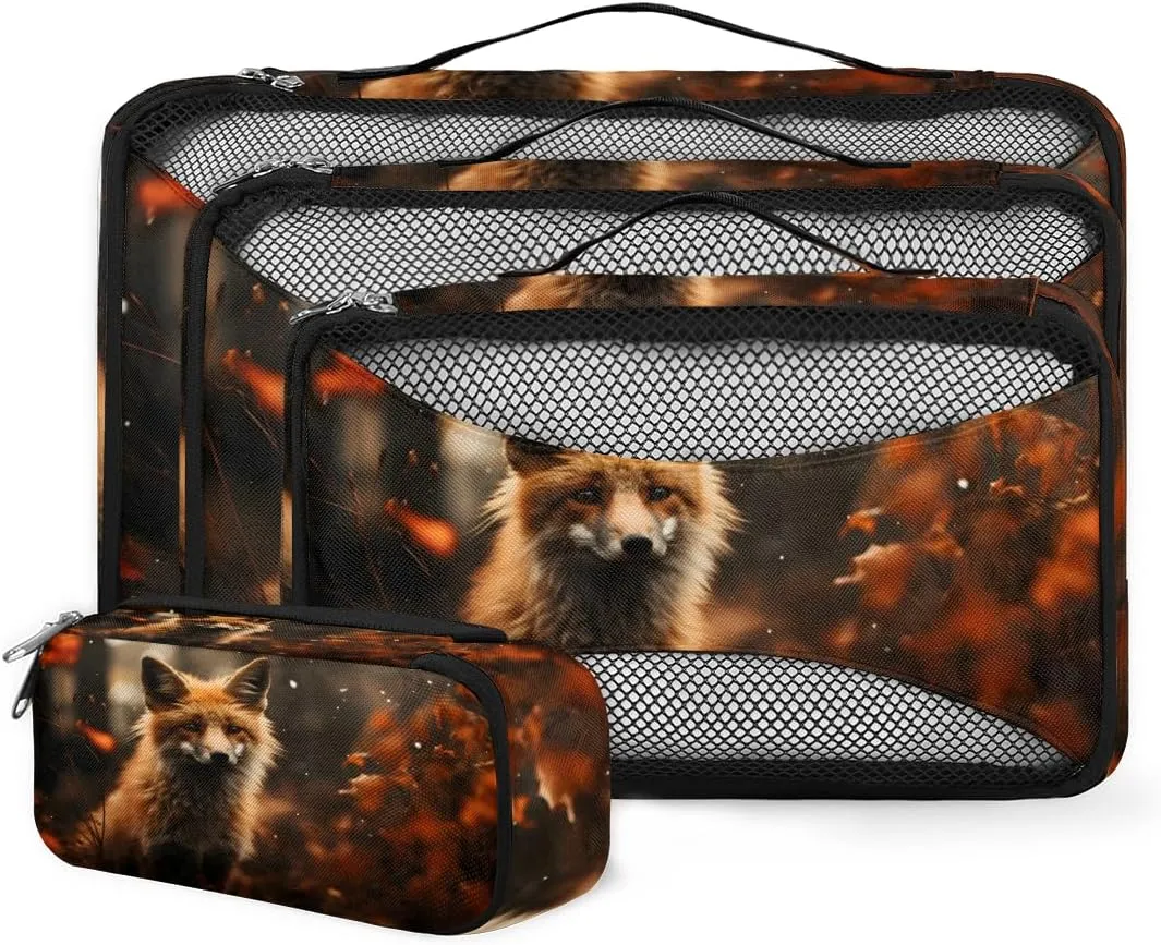 4 Set Packing Cubes for Suitcases, Travel Essentials for Carry on Luggage, Lovely Fox Suitcase Organizers for Clothes Shoes Toiletries Travel Accessories in 4 Sizes - Abstract Fox