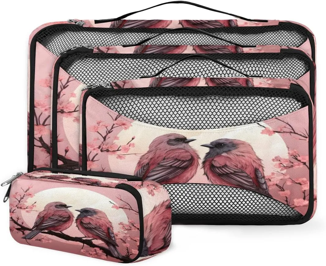 4 Set Packing Cubes for Suitcases, Travel Essentials for Carry on Luggage, Magical Bird Suitcase Organizers for Clothes Shoes Toiletries Travel Accessories in 4 Sizes - Lovely Bird