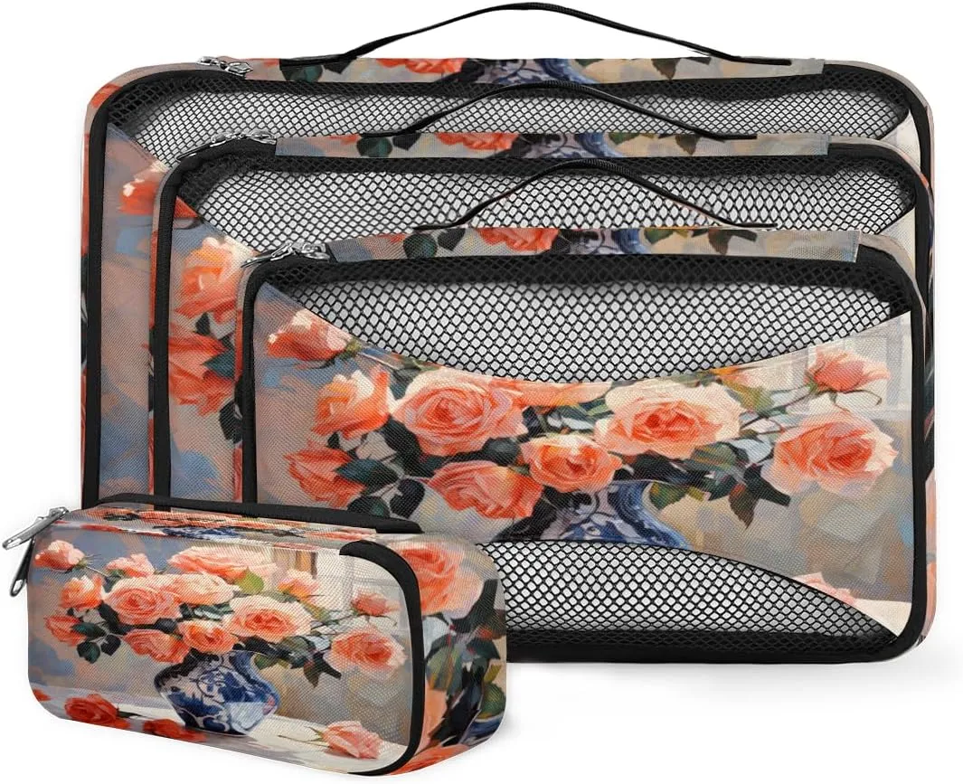 4 Set Packing Cubes for Suitcases, Travel Essentials for Carry on Luggage, Magical Flower Suitcase Organizers for Clothes Shoes Toiletries Travel Accessories in 4 Sizes - Fantastic Flower
