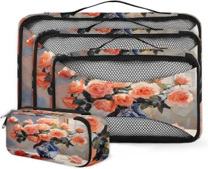 4 Set Packing Cubes for Suitcases, Travel Essentials for Carry on Luggage, Magical Flower Suitcase Organizers for Clothes Shoes Toiletries Travel Accessories in 4 Sizes - Fantastic Flower