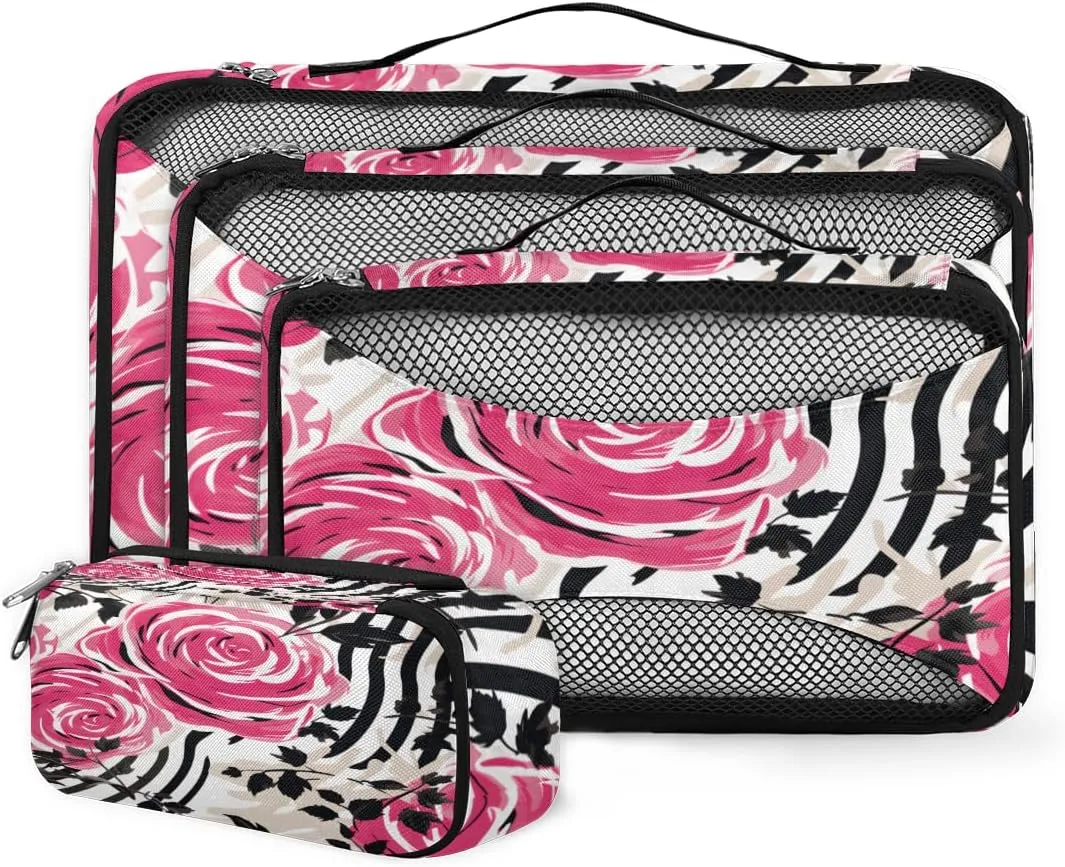4 Set Packing Cubes for Suitcases, Travel Essentials for Carry on Luggage, Magical Flower Suitcase Organizers for Clothes Shoes Toiletries Travel Accessories in 4 Sizes - Romantic Flower