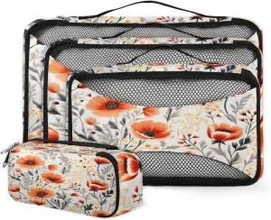 4 Set Packing Cubes for Suitcases, Travel Essentials for Carry on Luggage, Magical Flowers Suitcase Organizers for Clothes Shoes Toiletries Travel Accessories in 4 Sizes - Ethnic Flowers