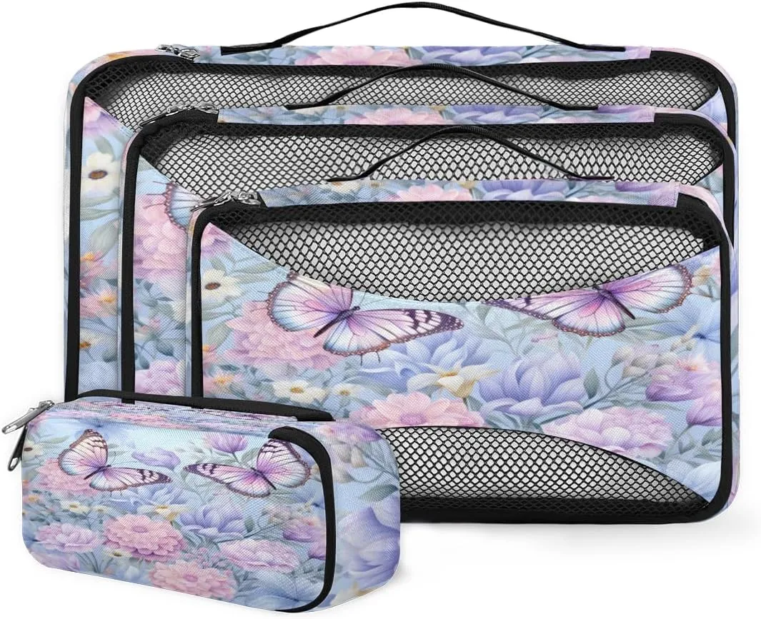 4 Set Packing Cubes for Suitcases, Travel Essentials for Carry on Luggage, Modern Butterfly Suitcase Organizers for Clothes Shoes Toiletries Travel Accessories in 4 Sizes - Flowers Butterfly
