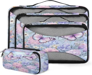 4 Set Packing Cubes for Suitcases, Travel Essentials for Carry on Luggage, Modern Butterfly Suitcase Organizers for Clothes Shoes Toiletries Travel Accessories in 4 Sizes - Flowers Butterfly