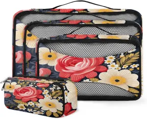 4 Set Packing Cubes for Suitcases, Travel Essentials for Carry on Luggage, Modern Floral Suitcase Organizers for Clothes Shoes Toiletries Travel Accessories in 4 Sizes - Retro Floral