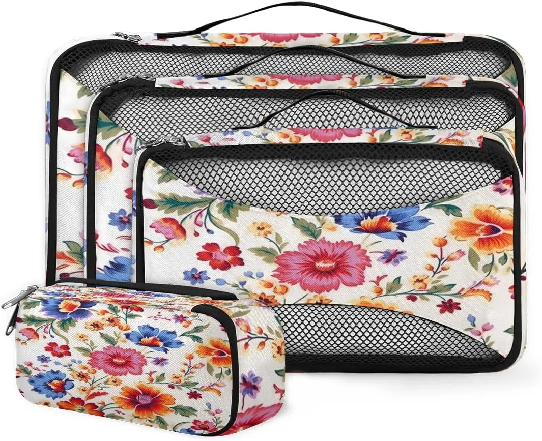 4 Set Packing Cubes for Suitcases, Travel Essentials for Carry on Luggage, Modern Flowers Suitcase Organizers for Clothes Shoes Toiletries Travel Accessories in 4 Sizes - Artistic Flowers