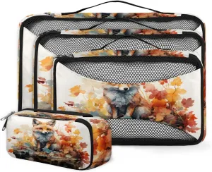 4 Set Packing Cubes for Suitcases, Travel Essentials for Carry on Luggage, Modern Fox Suitcase Organizers for Clothes Shoes Toiletries Travel Accessories in 4 Sizes - Flower Fox