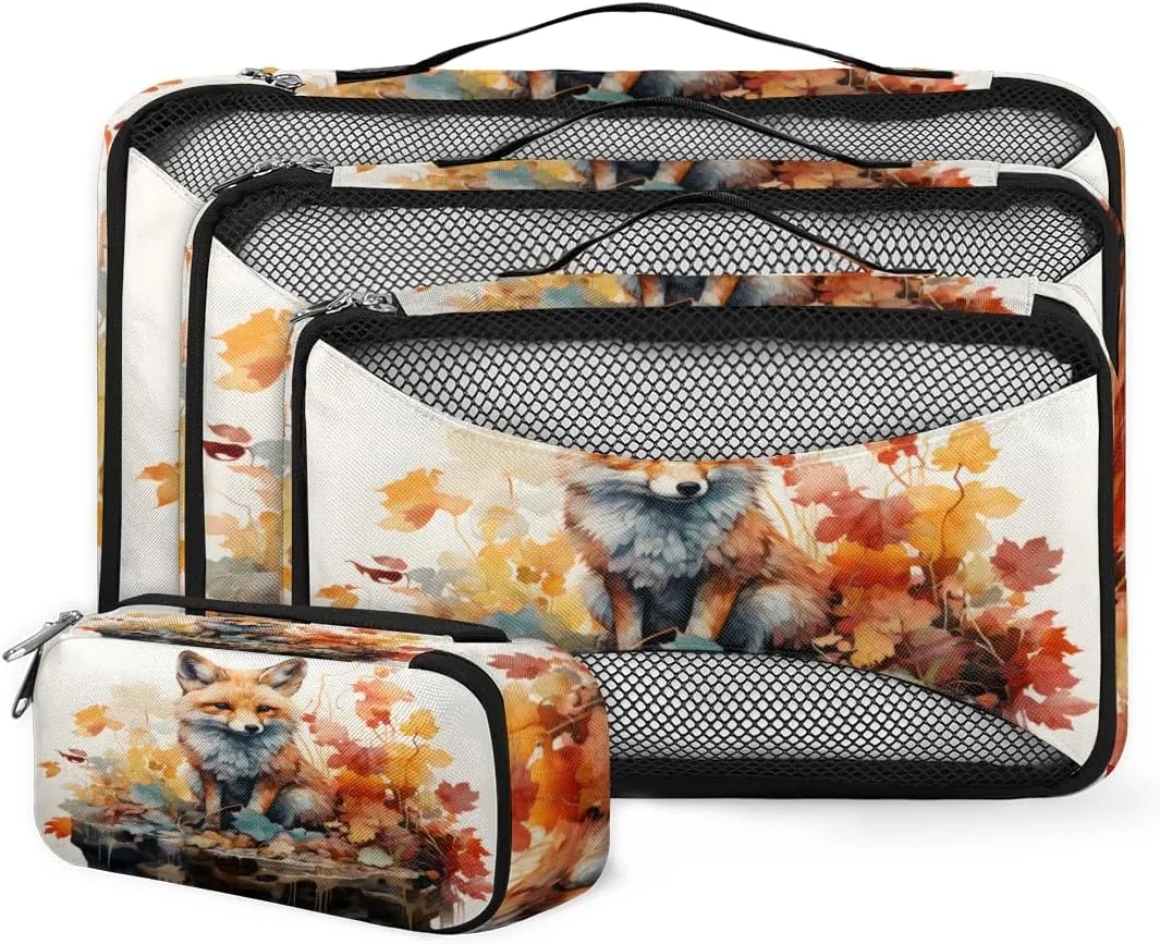 4 Set Packing Cubes for Suitcases, Travel Essentials for Carry on Luggage, Modern Fox Suitcase Organizers for Clothes Shoes Toiletries Travel Accessories in 4 Sizes - Flower Fox