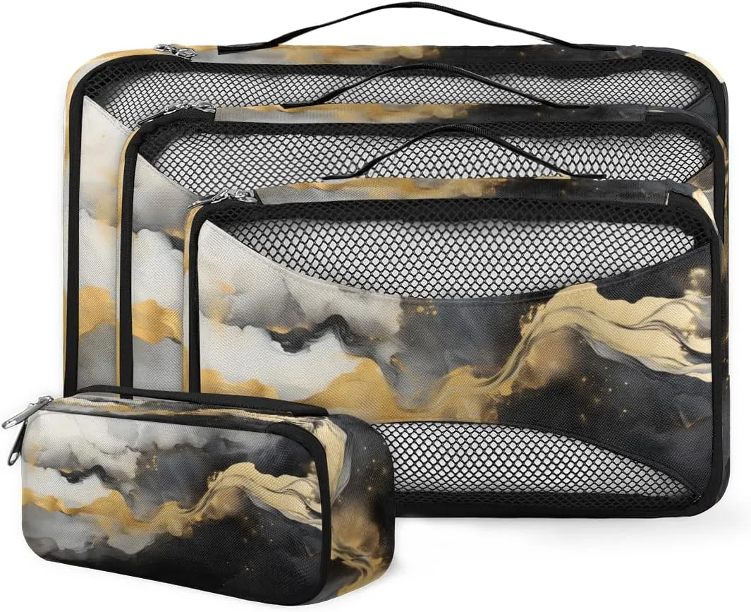 4 Set Packing Cubes for Suitcases, Travel Essentials for Carry on Luggage, Modern Marble Suitcase Organizers for Clothes Shoes Toiletries Travel Accessories in 4 Sizes - Fantastic Marble