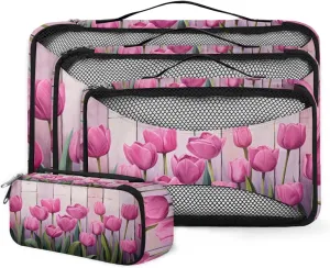 4 Set Packing Cubes for Suitcases, Travel Essentials for Carry on Luggage, Modern Tulips Suitcase Organizers for Clothes Shoes Toiletries Travel Accessories in 4 Sizes - Colorful Tulips