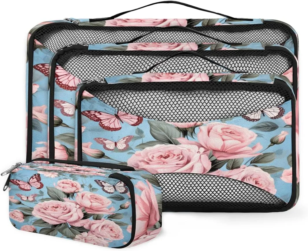 4 Set Packing Cubes for Suitcases, Travel Essentials for Carry on Luggage, Mystical Flower Suitcase Organizers for Clothes Shoes Toiletries Travel Accessories in 4 Sizes - Lively Flower