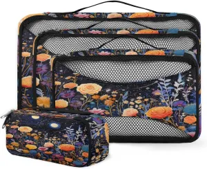 4 Set Packing Cubes for Suitcases, Travel Essentials for Carry on Luggage, Mystical Flowers Suitcase Organizers for Clothes Shoes Toiletries Travel Accessories in 4 Sizes - Graffiti Flowers