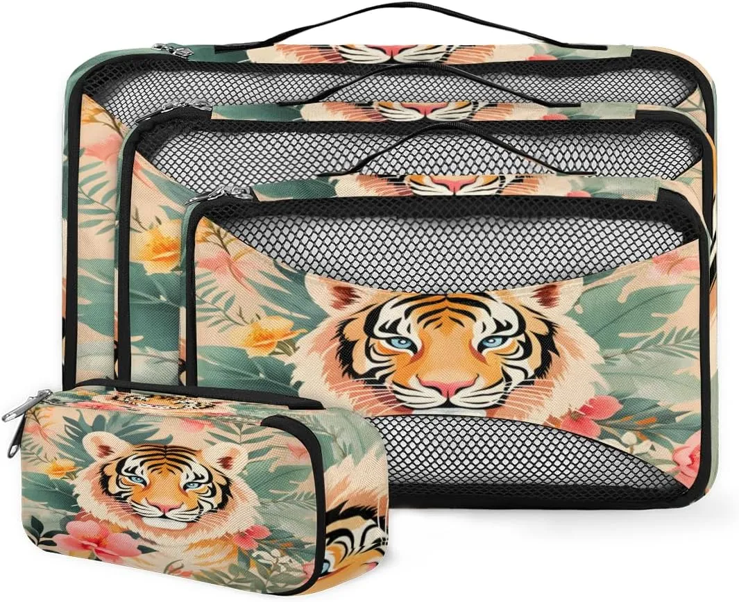 4 Set Packing Cubes for Suitcases, Travel Essentials for Carry on Luggage, Pink Flower Suitcase Organizers for Clothes Shoes Toiletries Travel Accessories in 4 Sizes - Tiger