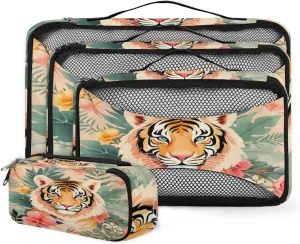 4 Set Packing Cubes for Suitcases, Travel Essentials for Carry on Luggage, Pink Flower Suitcase Organizers for Clothes Shoes Toiletries Travel Accessories in 4 Sizes - Tiger