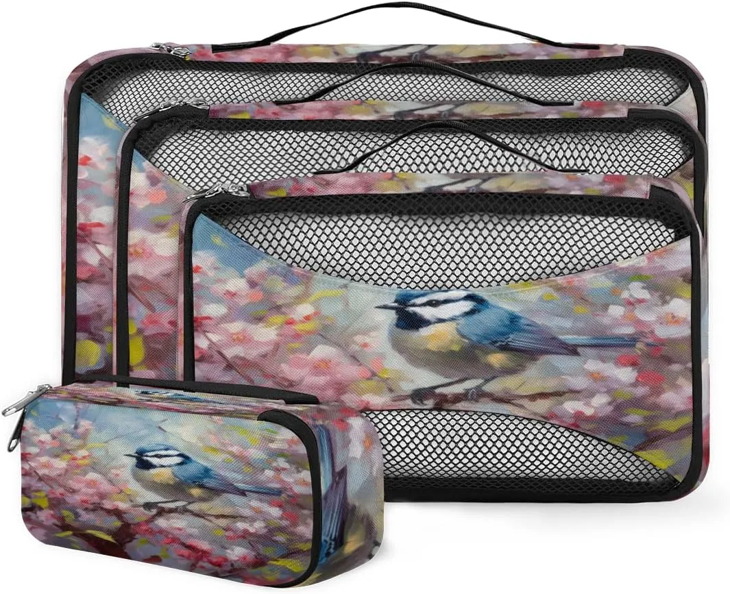4 Set Packing Cubes for Suitcases, Travel Essentials for Carry on Luggage, Pretty Birds Suitcase Organizers for Clothes Shoes Toiletries Travel Accessories in 4 Sizes - Fantastic Bird