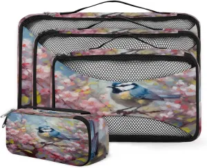 4 Set Packing Cubes for Suitcases, Travel Essentials for Carry on Luggage, Pretty Birds Suitcase Organizers for Clothes Shoes Toiletries Travel Accessories in 4 Sizes - Fantastic Bird