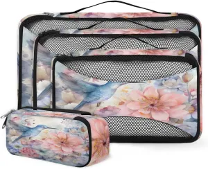 4 Set Packing Cubes for Suitcases, Travel Essentials for Carry on Luggage, Pretty Birds Suitcase Organizers for Clothes Shoes Toiletries Travel Accessories in 4 Sizes - Flower Bird