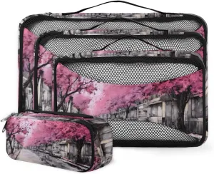4 Set Packing Cubes for Suitcases, Travel Essentials for Carry on Luggage, Retro City Suitcase Organizers for Clothes Shoes Toiletries Travel Accessories in 4 Sizes - Watercolor City