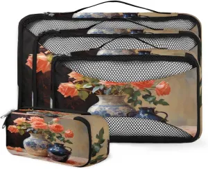 4 Set Packing Cubes for Suitcases, Travel Essentials for Carry on Luggage, Retro Flower Suitcase Organizers for Clothes Shoes Toiletries Travel Accessories in 4 Sizes - Modern Flower