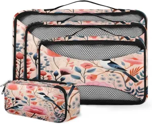 4 Set Packing Cubes for Suitcases, Travel Essentials for Carry on Luggage, Romantic Bird Suitcase Organizers for Clothes Shoes Toiletries Travel Accessories in 4 Sizes - Cartoon Bird