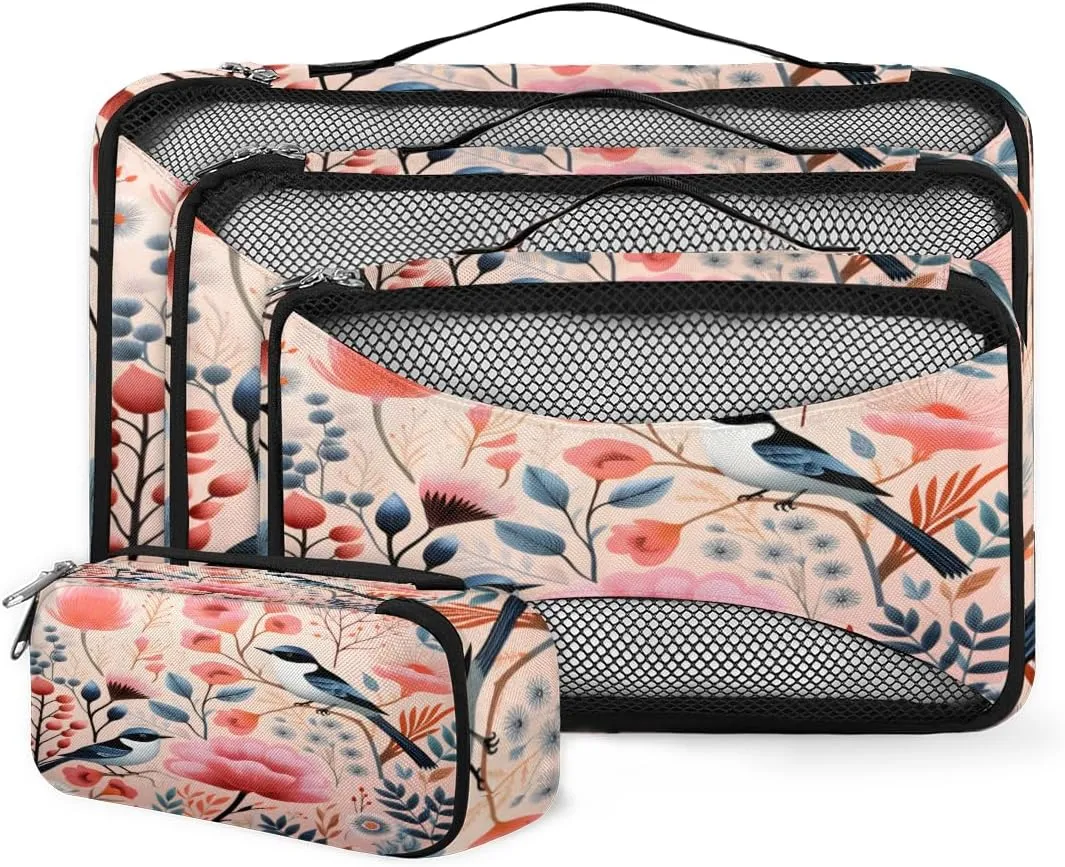 4 Set Packing Cubes for Suitcases, Travel Essentials for Carry on Luggage, Romantic Bird Suitcase Organizers for Clothes Shoes Toiletries Travel Accessories in 4 Sizes - Cartoon Bird