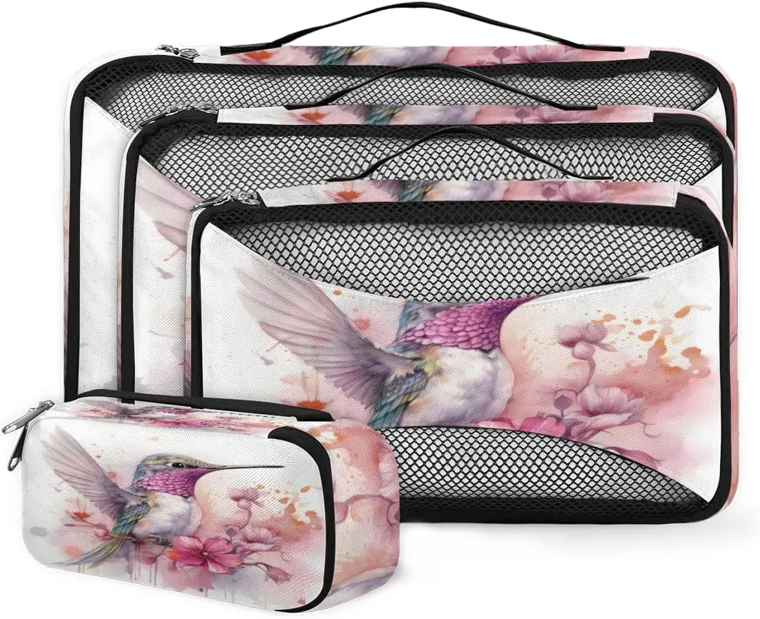4 Set Packing Cubes for Suitcases, Travel Essentials for Carry on Luggage, Romantic Bird Suitcase Organizers for Clothes Shoes Toiletries Travel Accessories in 4 Sizes - Cute Bird