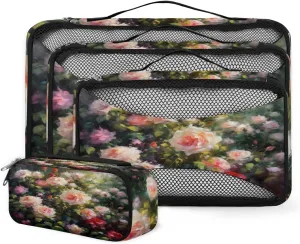 4 Set Packing Cubes for Suitcases, Travel Essentials for Carry on Luggage, Romantic Flower Suitcase Organizers for Clothes Shoes Toiletries Travel Accessories in 4 Sizes - Abstract Flower