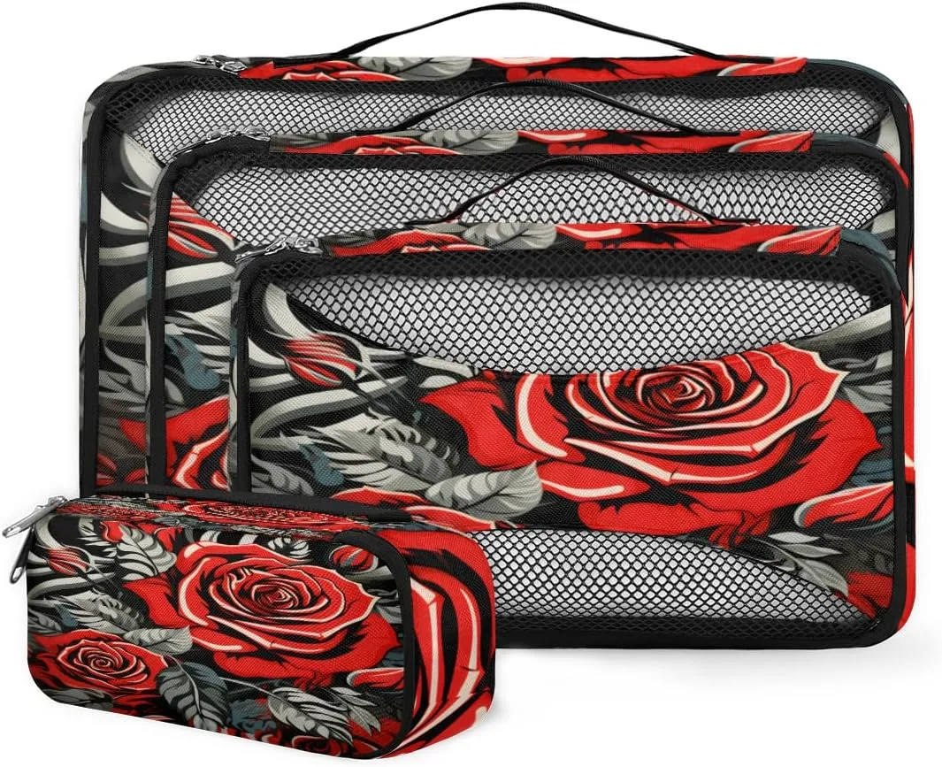 4 Set Packing Cubes for Suitcases, Travel Essentials for Carry on Luggage, Romantic Flower Suitcase Organizers for Clothes Shoes Toiletries Travel Accessories in 4 Sizes - Mystical Flower