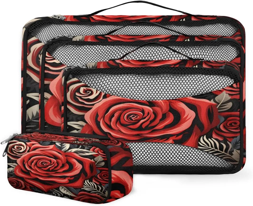 4 Set Packing Cubes for Suitcases, Travel Essentials for Carry on Luggage, Rose Flower Suitcase Organizers for Clothes Shoes Toiletries Travel Accessories in 4 Sizes - Mystical Flower