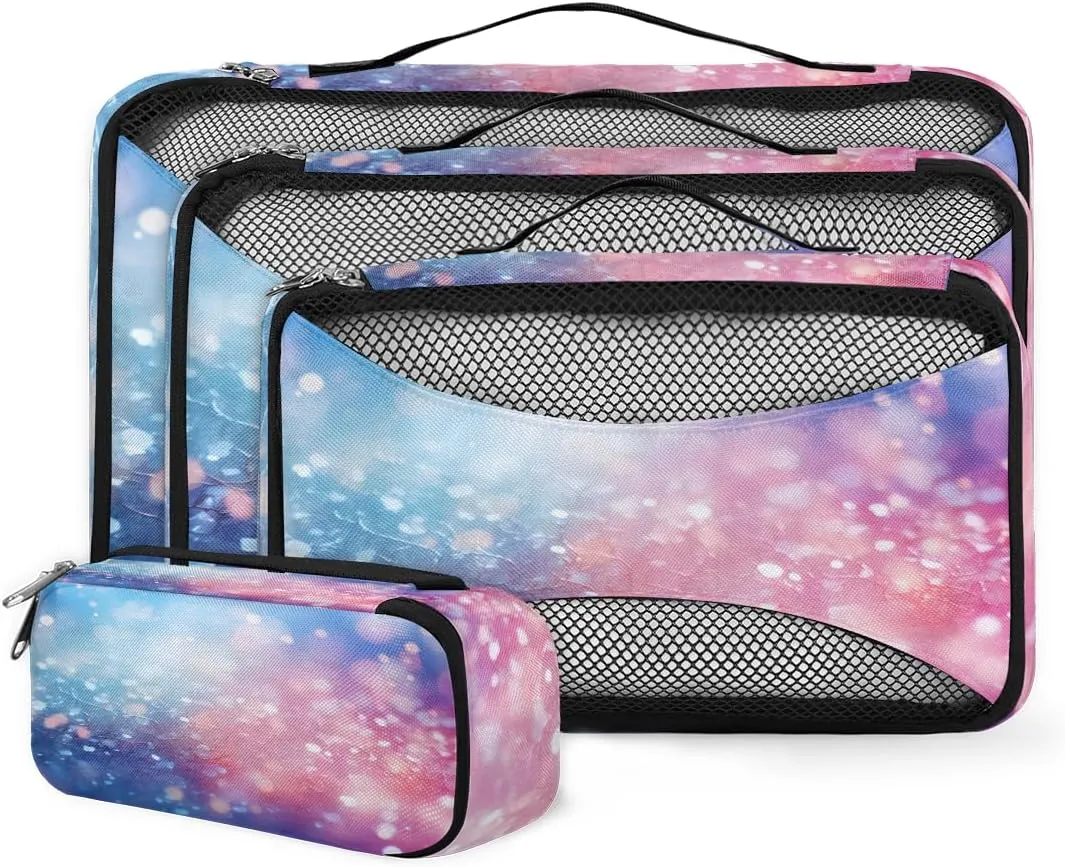 4 Set Packing Cubes for Suitcases, Travel Essentials for Carry on Luggage, Steel Blue Suitcase Organizers for Clothes Shoes Toiletries Travel Accessories in 4 Sizes - Glitter