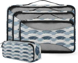 4 Set Packing Cubes for Suitcases, Travel Essentials for Carry on Luggage, Suitcase Organizers for Clothes Shoes Toiletries Travel Accessories in 4 Sizes - Blue Geometry Curve
