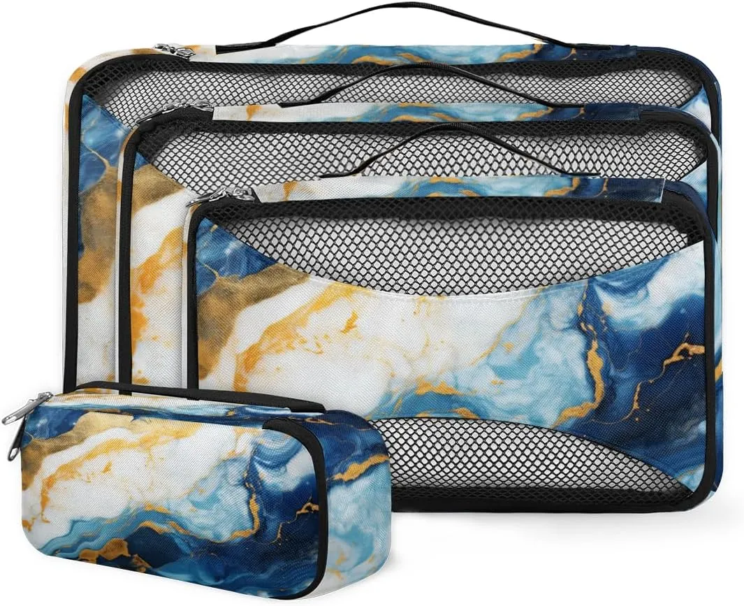 4 Set Packing Cubes for Suitcases, Travel Essentials for Carry on Luggage, Suitcase Organizers for Clothes Shoes Toiletries Travel Accessories in 4 Sizes - Blue White Gold Marble