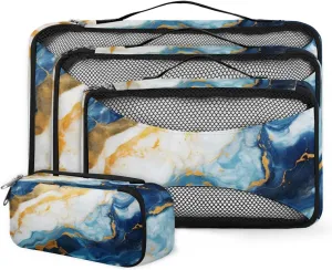 4 Set Packing Cubes for Suitcases, Travel Essentials for Carry on Luggage, Suitcase Organizers for Clothes Shoes Toiletries Travel Accessories in 4 Sizes - Blue White Gold Marble