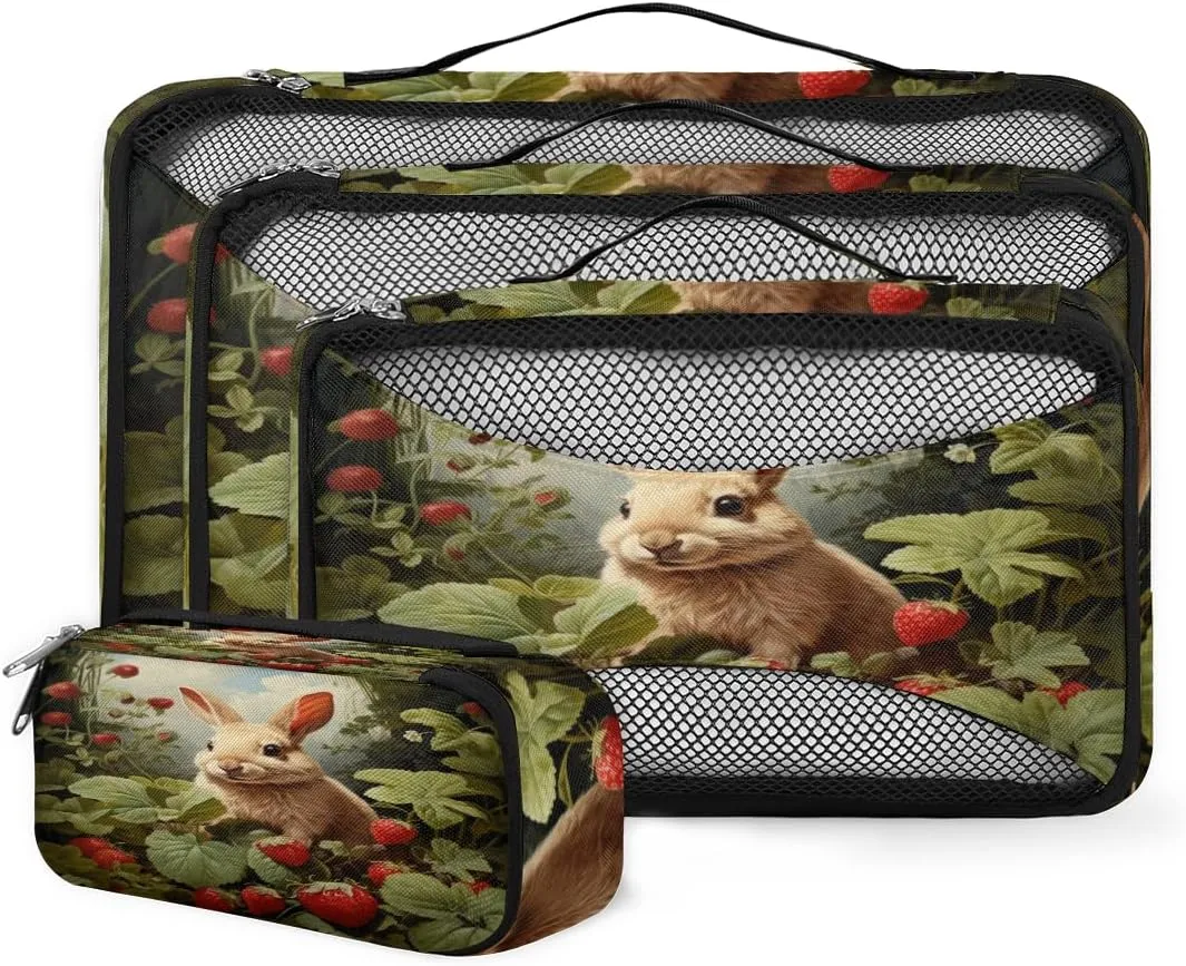4 Set Packing Cubes for Suitcases, Travel Essentials for Carry on Luggage, Suitcase Organizers for Clothes Shoes Toiletries Travel Accessories in 4 Sizes - Flowers Strawberry Bunny