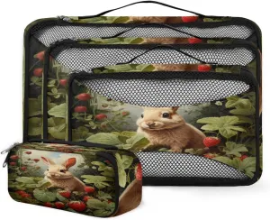 4 Set Packing Cubes for Suitcases, Travel Essentials for Carry on Luggage, Suitcase Organizers for Clothes Shoes Toiletries Travel Accessories in 4 Sizes - Flowers Strawberry Bunny
