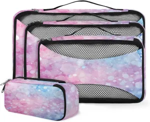4 Set Packing Cubes for Suitcases, Travel Essentials for Carry on Luggage, Suitcase Organizers for Clothes Shoes Toiletries Travel Accessories in 4 Sizes - Pink Blue Glitter