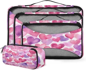 4 Set Packing Cubes for Suitcases, Travel Essentials for Carry on Luggage, Suitcase Organizers for Clothes Shoes Toiletries Travel Accessories in 4 Sizes - Pink Blue Heart