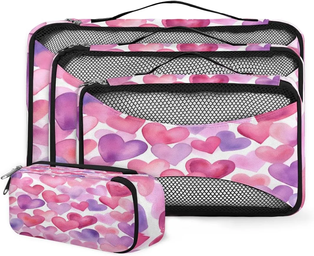 4 Set Packing Cubes for Suitcases, Travel Essentials for Carry on Luggage, Suitcase Organizers for Clothes Shoes Toiletries Travel Accessories in 4 Sizes - Pink Blue Heart