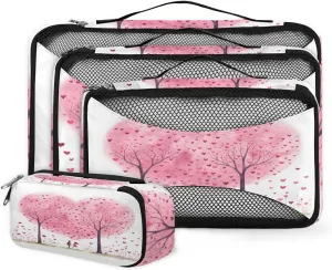 4 Set Packing Cubes for Suitcases, Travel Essentials for Carry on Luggage, Suitcase Organizers for Clothes Shoes Toiletries Travel Accessories in 4 Sizes - Pink Heart Tree
