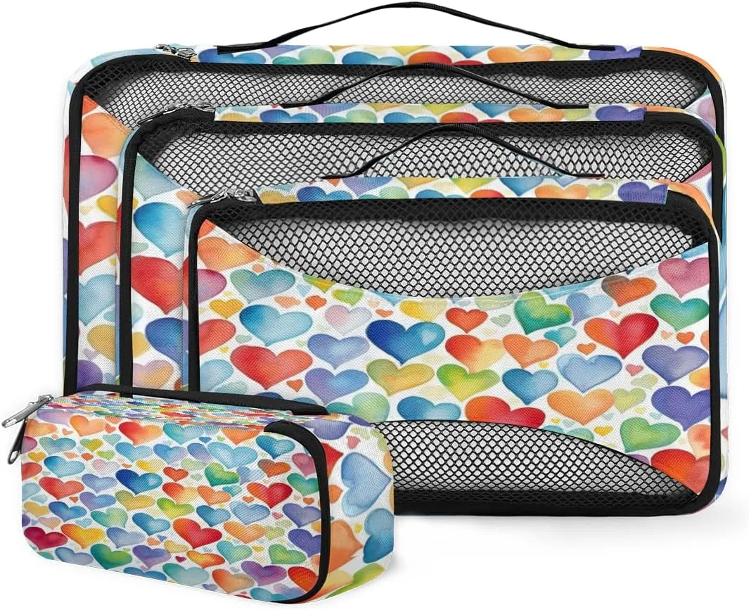 4 Set Packing Cubes for Suitcases, Travel Essentials for Carry on Luggage, Suitcase Organizers for Clothes Shoes Toiletries Travel Accessories in 4 Sizes - Red Blue heart